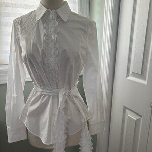 Tory Burch Scalloped Cotton Long-Sleeved Shirt, White, size 6, NWT